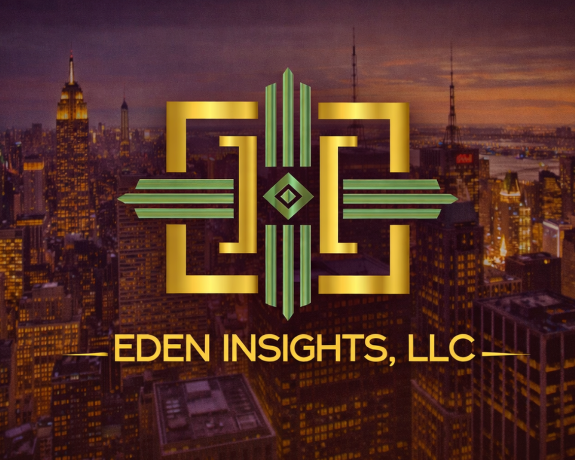 A gold and green Art Deco style logo for Eden Insights, LLC, centered over a nighttime city skyline with illuminated skyscrapers.
