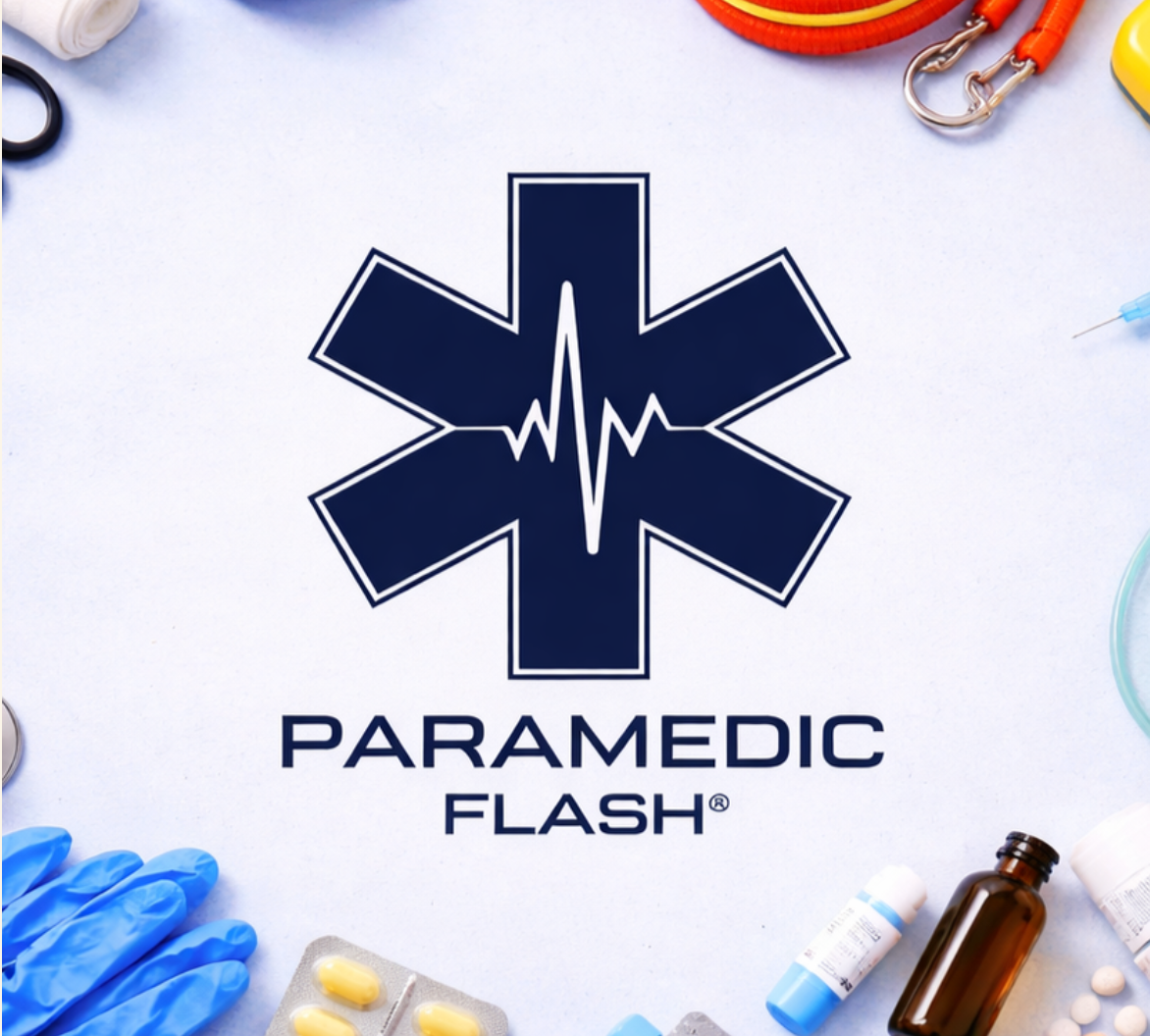 Paramedic Flash logo centered on a light background, surrounded by medical-themed props including blue gloves, a syringe, blister packs, and small bottles.