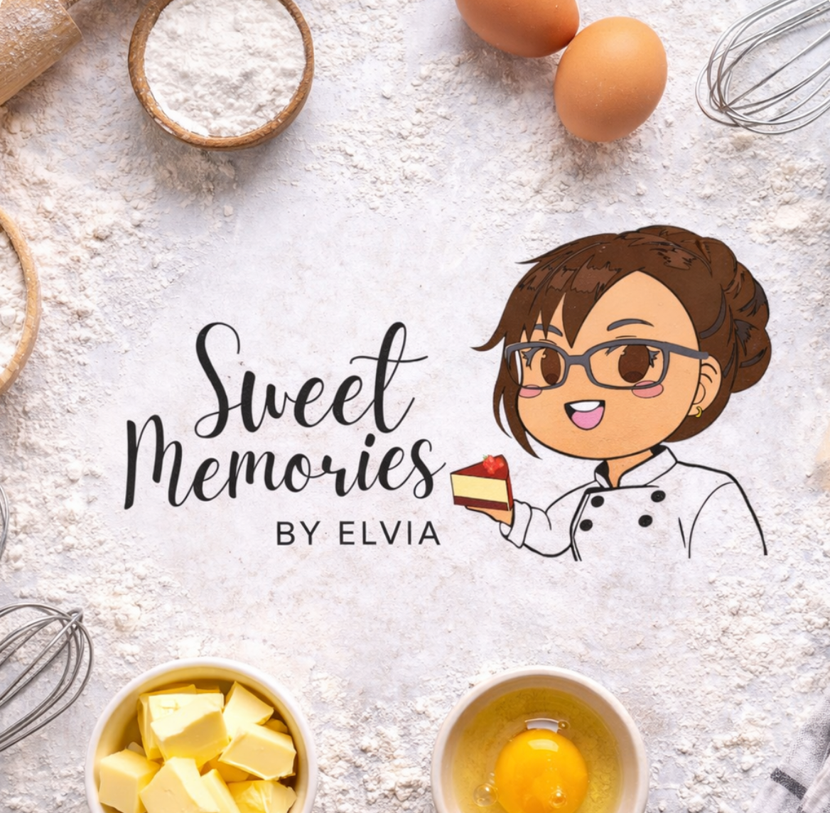A styled baking-themed flat lay with flour, eggs, butter, and whiskers around a cartoon illustration of a woman in a chef coat holding a slice of cake. The text 'Sweet Memories BY ELVIA' appears in the center.